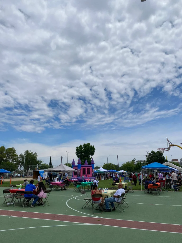 photo of outdoor party with tables and chairs set up at a park