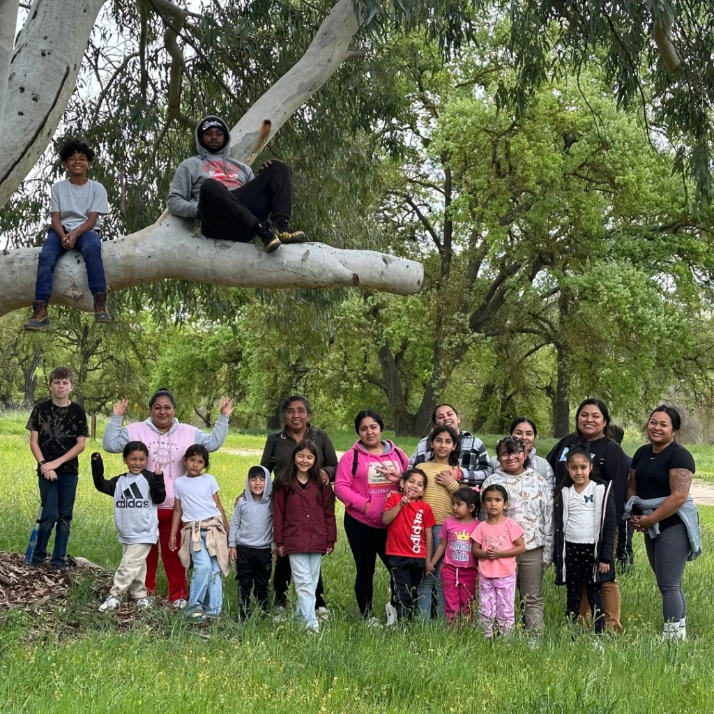 group of kids in grass underneath large tree