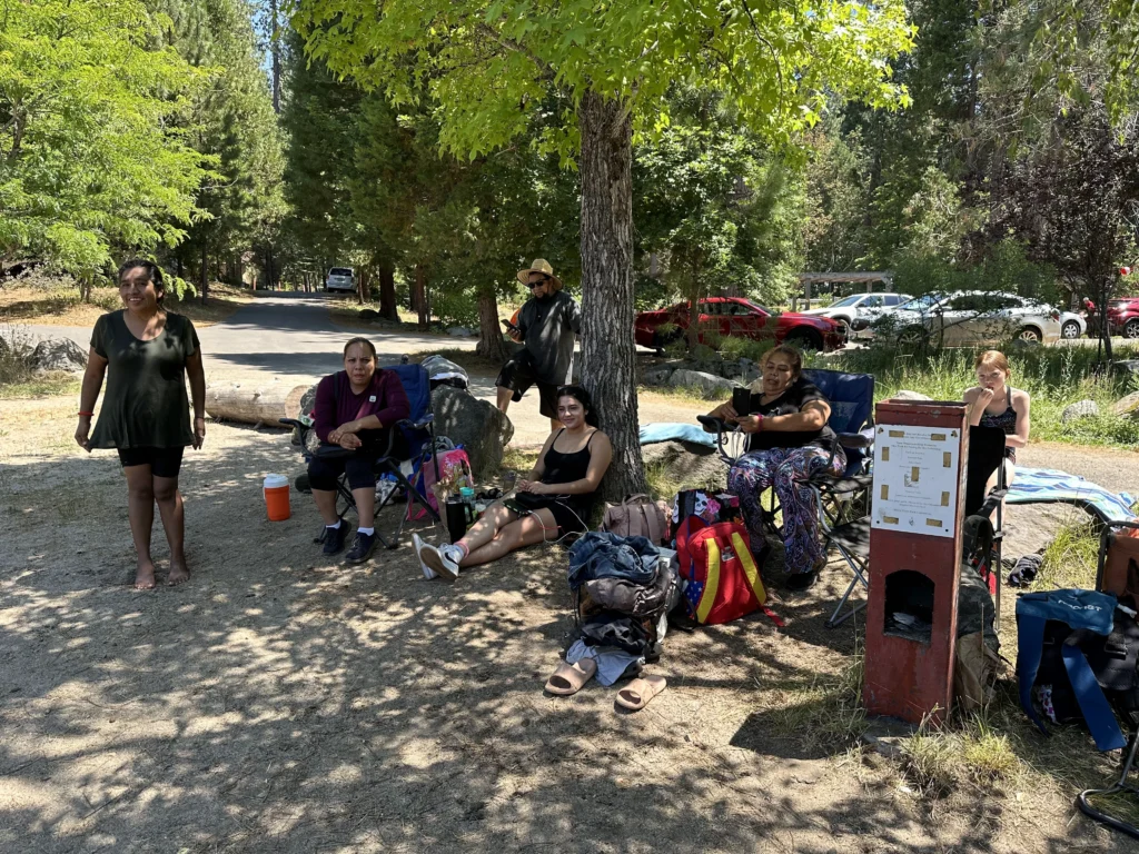 group of people relaxing in the shade of a tree with packs and belongings beside them