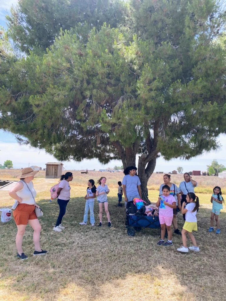 group of people standing in shade of tree