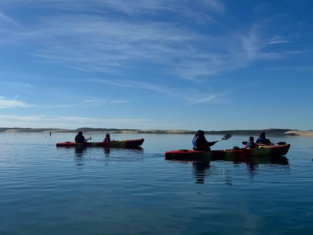 three kayaks each with people in them paddling around calm water
