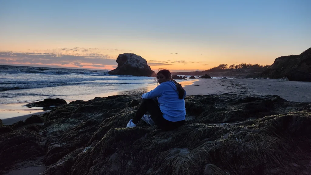 person sitting on a rock on the beach as the sun sets